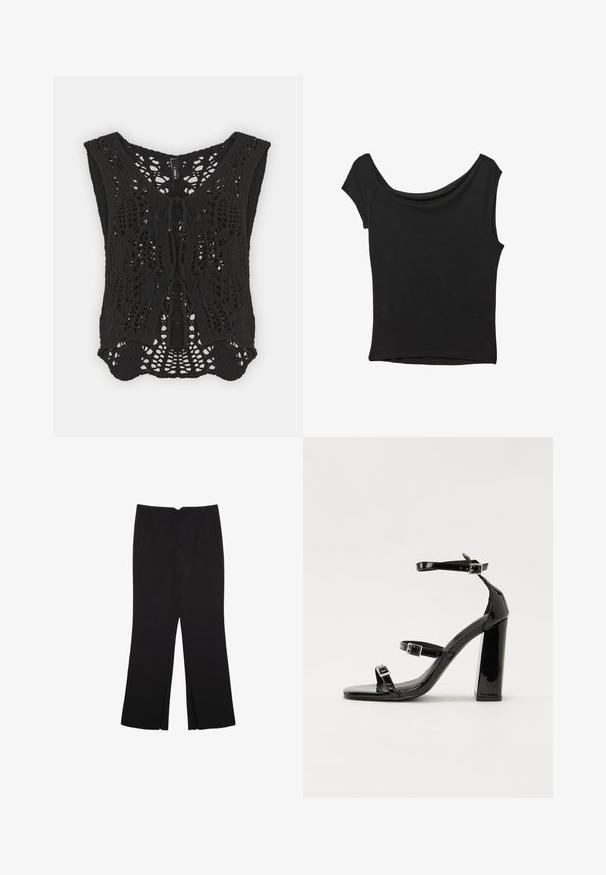 Gilet in crocheted nero con scollo a V, motivo a maglia aperta intricato e dettaglio con lacci davanti. Vestibilità ampia con ampie aperture per le braccia.; Top nero a maniche corte realizzato in tessuto liscio; presenta un colletto drappeggiato e un orlo asimmetrico, con una vestibilità aderente.; Pantaloni neri a gamba dritta, con tasche frontali e spacchi laterali all'orlo. Realizzati in tessuto morbido e liscio. Adatti a diverse occasioni.; Sandali con tacco in vernice nera, con punta squadrata, cinturini alla caviglia e fibbie in argento. Presentano un tacco a blocco spesso per maggiore stabilità.