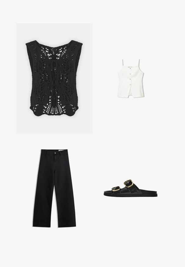 Fekete horgolt mellény V-nyakkivágással, bonyolult, nyitott kötésmintával és elöl megkötős részlettel. Laza fazon, széles karöltőkkel.; Fehér, ujjatlan felső, gombos előrészével, oldalzsebeivel és testhezálló kialakításával, enyhén bővülő aljával. Simább textúrájú, minimális részletezéssel.; Fekete, bő szabású farmernadrág magas derékkal, elülső és hátsó zsebekkel, varrott felületekkel és gombos záródással. Sima textúra.; Fekete csúszó szandál, két arany csattal, sima textúrájú anyagból, lapos talppal és minimalista dizájnnal.