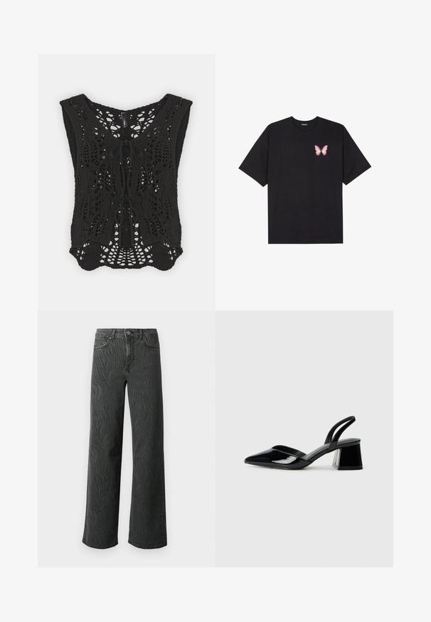 Black crochet vest with a v-neckline, intricate open-knit pattern, and tie detail at the front. Loose fit with wide armholes.; Black cotton t-shirt with short sleeves, featuring a small pink butterfly graphic on the left chest. Crew neck design with a relaxed fit.; Wide-leg jeans in dark gray denim, featuring a subtle zebra-pattern texture, contrast stitching, and five-pocket design with a button fly.; Black patent leather slingback heels with a pointed toe and a geometric block heel. Features a sleek, minimal design and smooth texture.
