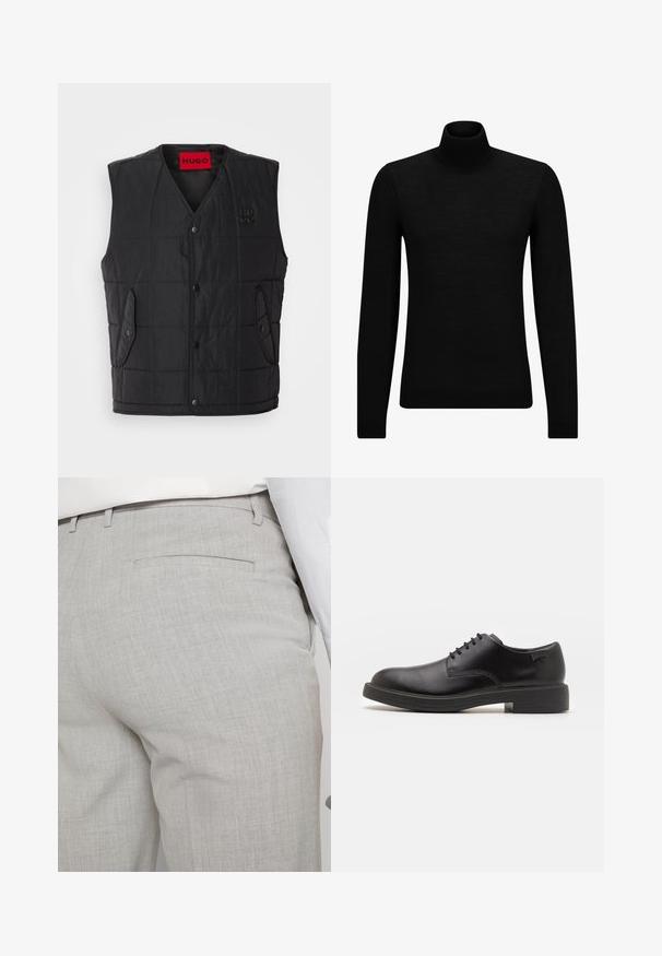 Črna podložena brezrokavnika z obliko V-izreza, ki ima gumbke na zaklepanje, dve stranski žepi in kontrastno rdečo oznako znotraj. Teksturna tkanina.; Črna turtleneck pulover iz mehkega materiala, z dolgimi rokavi in tesnim prileganjem. R ibana obroba na robu in rokavih. Preprosta zasnova.; Svetlo sive hlače po meri iz teksturirane tkanine, z enim zadnjim žepom in čistim šivom.; Črne usnjene čipkaste čevlje z zaobljenim nosom, gladko teksturo, minimalnim šitjem in nizkim gumijastim peto. Logo na peti.