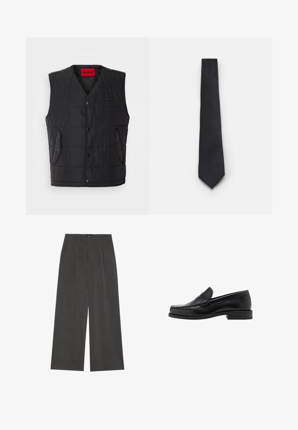 Črna podložena brezrokavnika z obliko V-izreza, ki ima gumbke na zaklepanje, dve stranski žepi in kontrastno rdečo oznako znotraj. Teksturna tkanina.; Bela srajca z dolgimi rokavi, iz gladkega bombažnega materiala, s klasičnim ovratnikom in subtilnim sijajem. Pet gumbov spredaj.; Hlače s širokimi hlačnicami v temnosivem blagu, z nabrano sprednjo stranjo, dvema stranskima žepoma in ravnim pasom. Gladka tekstura in skrbno zasnova.; Črne usnjene loafer čevlje z gladko površino, šivani detajli na prstu in nizka peta za udobje in stil.; Ozeka črna kravata z teksturiranim, diagonalnim žlebastim vzorcem. Ima koničast konec in gladko površino. Primerna za formalno nošenje.