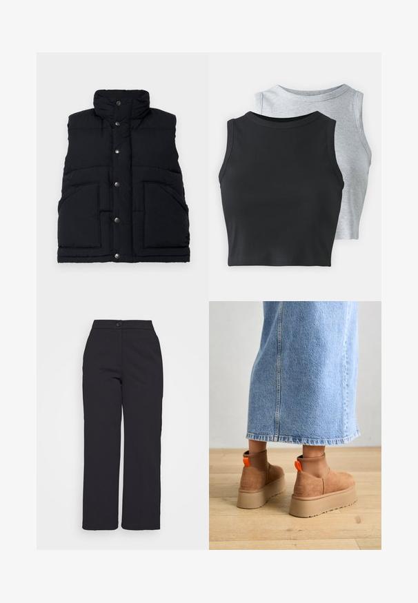 The North Face VEST - Colete - black; Even&Odd Petite 2 PACK - Top - light grey/black; Calças largas pretas feitas de tecido suave, com fecho de botão e um design limpo e ajustado, sem bolsos visíveis.; Botas plataforma em camurça castanha com painéis laterais elásticos e puxadores laranja, combinadas com uma saia de ganga clara até ao joelho, em um chão de madeira.