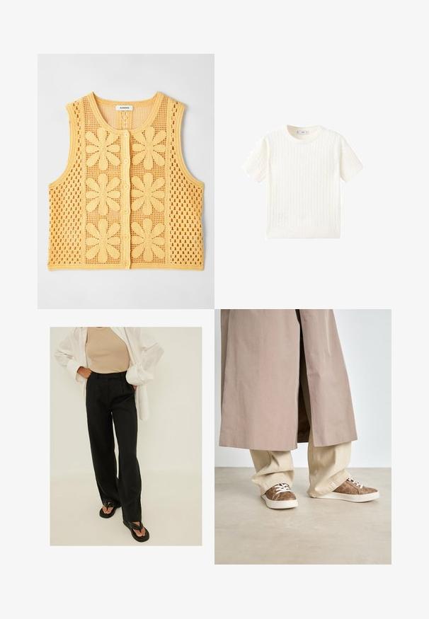 sandro Vesta - jaune; Biely krátkoprstý sveter s pleteným vzorom, okrúhlym výstrihom a rebrovaným lemom. Mäkka textúra, voľný strih a čistý dizajn.; Čierne vysoké nohavice so širokými nohavicami, vyrobené z ľahkej tkaniny, s prednými plisovaniami a hladkou textúrou. Skombinované s jednoduchými čiernymi šlapkami.; Béžový trenčkot cez svetlo béžové široké nohavice. Hnedé tenisky s textúrovaným vzorom a bielymi šnúrkami. Hladká, minimalistická podlaha.