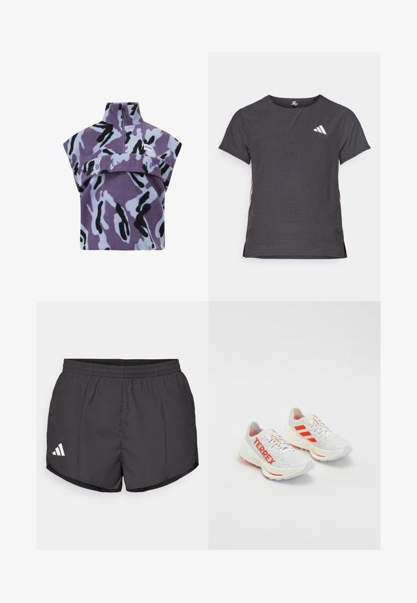 Lila und hellblaue Fleece-Pullover mit schwarz-lila Camouflage-Muster, hohem Kragen und gesticktem Text "UNBORED ONBOARD."; Kurze Ärmel Sport-T-Shirt, dunkelgrau mit durchbrochener Textur. Enthält ein weißes Logo und kontrastierende Seitenstreifen. Runder Ausschnitt.; Schwarze Sportshorts aus leichtem Material, mit einem elastischen Bund und einem weißen Adidas-Logo auf der unteren linken Seite.; Weiße Laufschuhe mit orangefarbenen Akzenten. Netzmaterial, runde Zehenpartie und dicke Mittelsohle. "TERREX" auf der äußeren Seite gedruckt und drei Streifen an der Ferse.