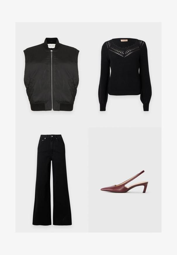 Juodas berankovis švarkas iš lygaus audinio, su aukštu kaklu, priekyje užtrauktuku ir raukšlėmis apatinėje dalyje bei rankovių atsidarymuose. Įeina du šoniniai kišeniai.; Juodas megztinis su briaunotu paviršiumi, išlenktu iškirpte ir megzto rašto detalėmis krūtinės srityje. Ilgos rankovės ir prigludusi liemens dalis.; Juodi pločio kojų džinsai iš džinso audinio, turintys aukštą liemenį, penkias kišenes, priekinį sagos užsegimą ir minimalius siuvimo detales.; Burgundiškai raudoni slingback aukštakulniai bateliai su smailiu pirštu, išpjovimais šonuose ir vidutinio aukščio blokiniu kulnu. Lygus odos paviršius.