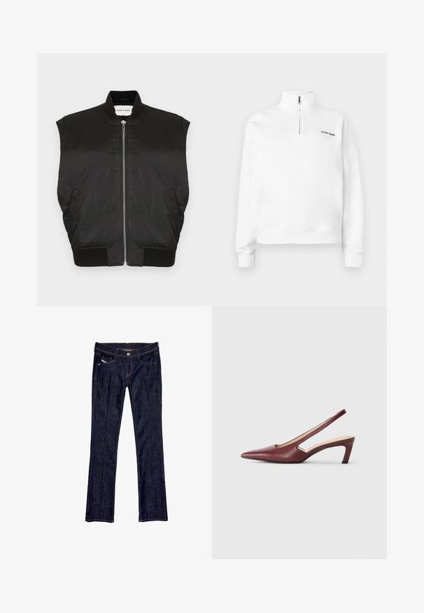 Črna brezrokavna jakna iz gladkega materiala z visokim ovratnikom, sprednjim zadrgo ter rebrastim robom in odprtinami za roke. Vključno z dvema stranskima žepoma.; Bela pulover s kapuco in pol-zip zapiranjem. Ima majhen črn logo na prsih in rebraste manšete. Gladka tekstura.; Temno modri kavbojki z ravnim krojem, z zapiranjem na gumb spredaj, petimi žepi in vidnim šivom ob šivih.; Burgundske slingback pete s koničastim nosom, izrezi na straneh in srednje visoko blok peto. Gladek usnjeni zaključek.