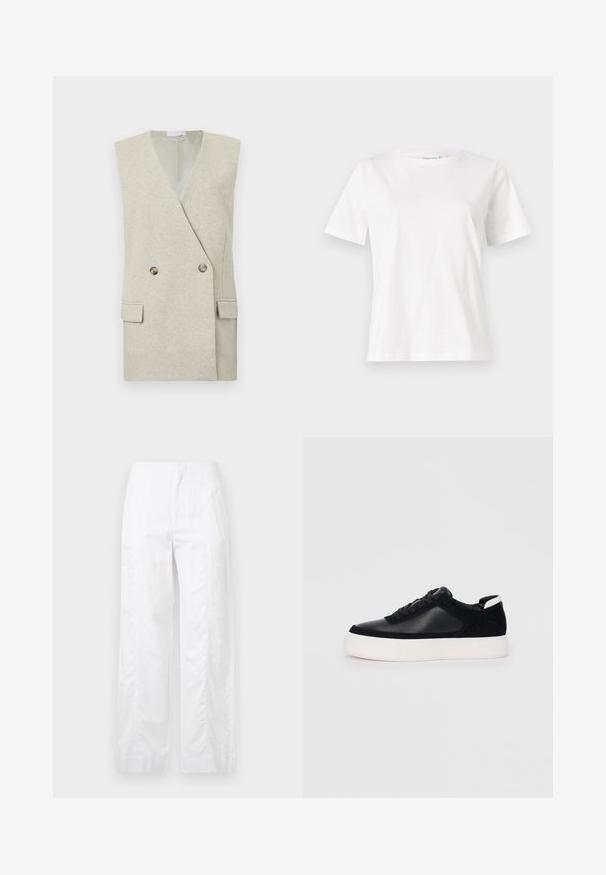 Svijetlosivo prsluk bez rukava s reverom sa zarezom, dvorednim gumbima, dva prednja džepa i teksturiranim završetkom.; Bijela pamučna majica s kratkim rukavima, okruglim izrezom i opuštenim krojem. Glatka tekstura, bez uzoraka ili akcenata, minimalistički dizajn.; Bijele široke hlače od laganog materijala, s glatkom teksturom, čistim linijama i visokim strukom.; Crne tenisice s glatkom kožom i panelima od antilopa, ravne vezice, zaobljenim vrhom i bijelim gumeni potplat. Izraziti logo na peti.
