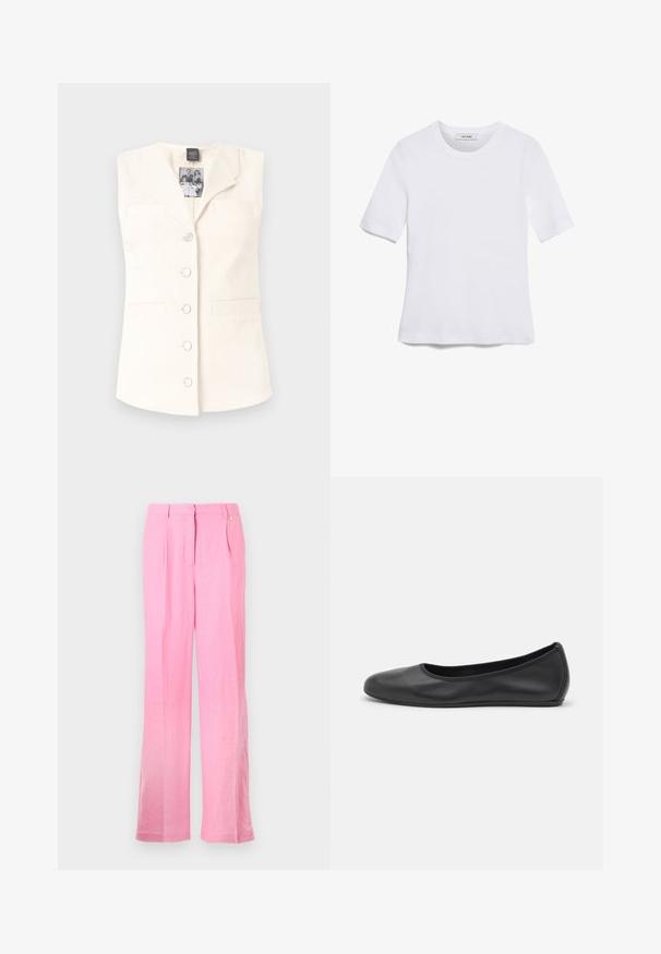 Colete sem mangas de cor creme com colarinho em lapela, fecho de cinco botões e dois bolsos frontais. Feito de um tecido texturizado.; T-shirt de manga curta branca feita de tecido canelado. Decote redondo, ajuste regular e detalhes de costura subtis. Sem padrões ou gráficos.; Calças de linho cor-de-rosa com um ajuste relaxado, apresentando pregas frontais, fecho com botão e bolsos laterais. Textura suave e design de perna reta.; Bailarina preta em pele com bico arredondado, textura suave, detalhe de costura minimalista e design de sola flexível.