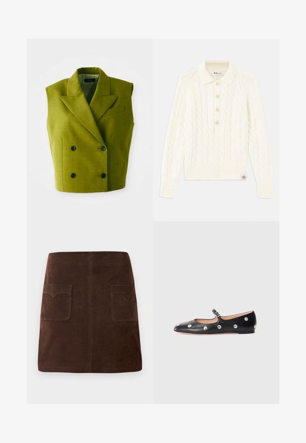 Bezrękawnik w oliwkowym kolorze, podwójnie zapinany, z szpiczastymi klapami i czterema czarnymi guzikami na białym tle.; Kremowy sweter z warkoczowym splotem, z kołnierzykiem, czterema guzikami, ściągaczami przy mankietach i małą naszywką z logo na dolnym brzegu.; Brązowa zamszowa spódnica w klasycznym kształcie A, z dwiema przednimi kieszeniami z zaokrąglonymi klapami i subtelnymi detalami szewnymi.; Czarne skórzane buty typu Mary Jane na płaskim obcasie z zaokrąglonym czubkiem, ozdobione srebrnymi okrągłymi ćwiekami oraz regulowanym paskiem z klamrą.