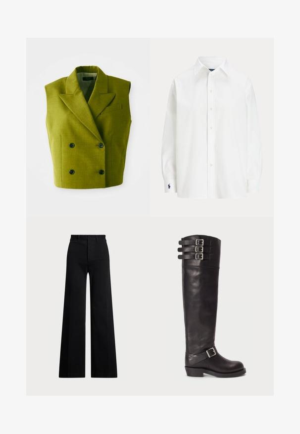 Ärmlös dubbelknäppt olivgrön blazer med spetsiga slag och fyra svarta knappar på vit bakgrund.; Vit skjorta med långa ärmar, klassisk krage och en liten blå logotyp på manschetten. Slätt bomullstyg, strukturerad passform.; Svarta breda byxor i vävt tyg, med hög midja, knappstängning fram och sidfickor. Slät textur med rena linjer.; Svart läderstövel upp till knäna med rund tå, tre remmar med spännen upptill och en sidospänne-detalj. Platt sula och slät yta.