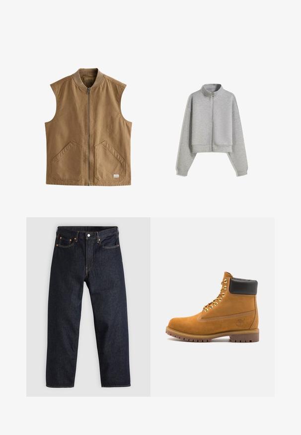Brun ærmeløs vest lavet af holdbart materiale, med en frontlynlås, to store skrå lommer og en ribbet krave.; Afklippet grå zip-sweatshirt med høj krave, lange ærmer og ribbede manchetter. Fremstillet af blødt, let materiale med en glat tekstur.; Hvid muskeltilpasset t-shirt lavet af bomuld. Rund hals, korte ærmer, glat tekstur. Lille sort logo-tag nederst. Enkelt design.; Mørkeblå denimjeans med lige pasform, fem lommer, kontrasterende orange syning og knaplukning. Ingen synlige mønstre eller udsmykninger.; Tan nubuck ankelstøvle med sort polstret krave, gyldne metaløjer, hvid syning detaljer og robust gummisål med udtalte slidbaner.