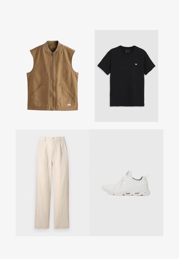 Gilet sans manches marron en tissu durable, doté d'une fermeture éclair à l'avant, de deux grandes poches inclinées et d'un col côtelé.; T-shirt en coton noir à manches courtes, col rond, présentant un petit logo blanc Levi's sur la poitrine, texture lisse, coupe classique.; Pantalons en lin beige à coupe décontractée, avec un devant plat, fermeture à bouton unique et deux poches. La texture froissée ajoute du détail.; Baskets blanches de sport avec un dessus en maille texturée, des lacets plats et une semelle rembourrée avec des chambres à air visibles pour un soutien supplémentaire.