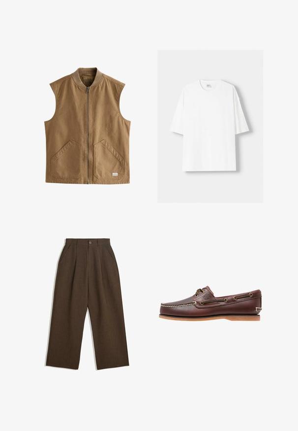 Ruskea hihaton liivi kestävästä kankaasta, jossa on etuvetoketju, kaksi suurta kulmaa kohti avautuvaa taskua ja ribba-pääntiellä.; Valkoinen lyhythihainen t-paita, joka on valmistettu puuvillasta, ominaisuutenaan pyöreä pääntie ja rento istuvuus. Sileä pinta, ilman näkyviä kuvioita tai yksityiskohtia.; Ruske pleated hlače s širokim nogavicami, ki imajo gumbasto zapiranje in stranske žepke, narejene iz teksturiranega materiala, primernega za sproščeno nošenje.; Ruske derbi čevlji za čoln z belim šivanjem, rjavimi vezalkami in svetlo rjavim gumijastim podplatom. Imajo logo na strani in kovinske odprtine za vezalke.