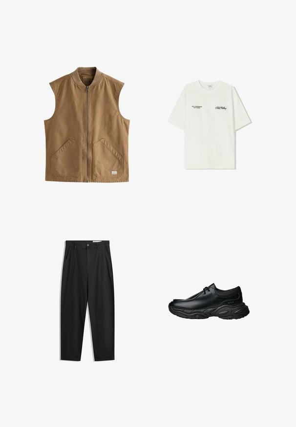 Hnedá bezrukávová vesta vyrobená z odolného materiálu, s predným zipsom, dvoma veľkými šikmými vreckami a rebrovaným golierom.; Biela bavlnená tričko s krátkymi rukávmi. Na prednej časti je čierny text: "NIE ZAJTRA NIE DNES" a "UMENIE HLINENIA" v zelenej skripte.; Čierne bavlnené nohavice s voľným strihom, s klasickým pásom, prednými záhybmi a bočnými vreckami. Hladká textúra bez vzorov.; Čierne kožené slip-on topánky s okrúhlou špičkou a hrubou štruktúrovanou gumovou podrážkou. Obsahujú jemné prešitie a elastické akcenty v oblasti goliera.