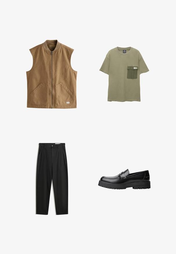 Gilet marrone senza maniche realizzato in tessuto resistente, dotato di una zip frontale, due grandi tasche angolate e un colletto a coste.; T-shirt verde oliva in morbido cotone, con una tasca rettangolare di un tono verde più scuro, dotata di un'etichetta e due bottoni a pressione.; Pantaloni in cotone neri con una vestibilità rilassata, dotati di una vita classica, pieghe frontali e tasche laterali. Tessuto liscio senza fantasie.; Mocassino in pelle nera con suola spessa e tassellata e fascia decorativa sulla parte superiore, mostrato in profilo sinistro su sfondo bianco.