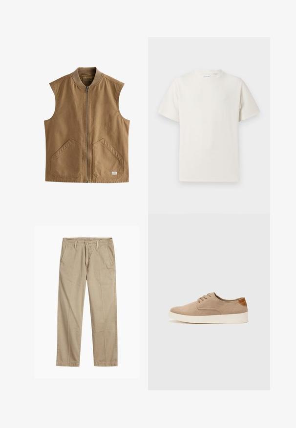 Bruine mouwloze vest gemaakt van duurzame stof, met een ritssluiting aan de voorkant, twee grote schuin geplaatste zakken en een geribde kraag.; Witte korte mouwen T-shirt met ribbelstructuur. Ronde hals, ontspannen pasvorm, geen zichtbare patronen of accenten. Eenvoudig en veelzijdig ontwerp.; Beige rechte pijpen chinos met riemlussen, voorkant met knoop en rits sluiting, en schuine voorzakken.; Beige suède sneakers met een ronde neus, vetersluiting aan de voorkant en een getextureerde achteraccent. De witte rubberen zool zorgt voor contrast. Eenvoudig en modern ontwerp.