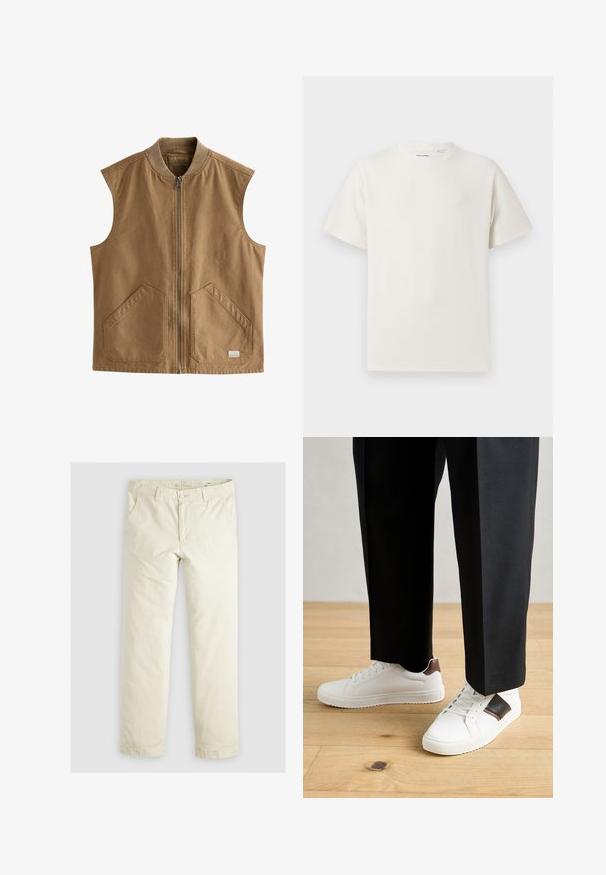 Gilet marrone senza maniche realizzato in tessuto resistente, dotato di una zip frontale, due grandi tasche angolate e un colletto a coste.; T-shirt bianca a maniche corte in texture a coste. Girocollo, vestibilità rilassata, senza modelli o accenti visibili. Design semplice e versatile.; Pantaloni ampi di colore beige chiaro con tre tasche, passanti per la cintura e design a gamba dritta. Realizzati in un morbido tessuto misto cotone.; Sneakers bianchi dalla texture liscia, con dettagli in pelle marrone e particolari neri, abbinati a pantaloni neri su misura. Sfondo in parquet.