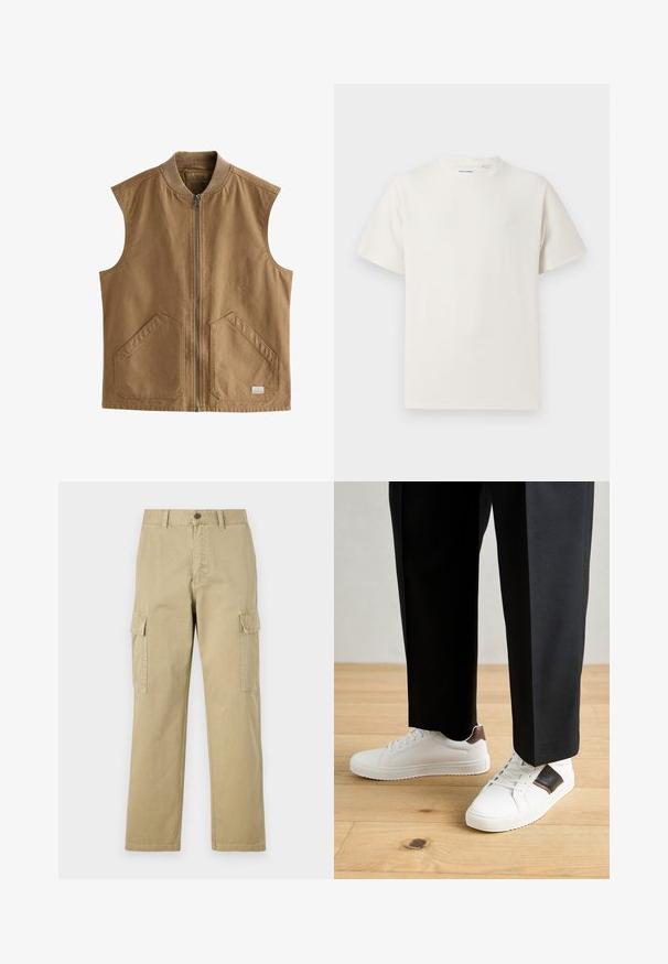 Brun ærmeløs vest lavet af holdbart materiale, med en frontlynlås, to store skrå lommer og en ribbet krave.; Hvid kortærmet T-shirt i ribbet tekstur. Rund halsudskæring, løs pasform, ingen synlige mønstre eller accenter. Enkel og alsidig design.; Beige cargo bukser lavet af bomuld, med to sidelommer, knaplukning og lige ben i et let tekstureret stof.; Hvide sneakers med glat tekstur, prydet med brune læderdetaljer og sorte detaljer, sammen med sorte skræddersyede bukser. Baggrund med trægulv.