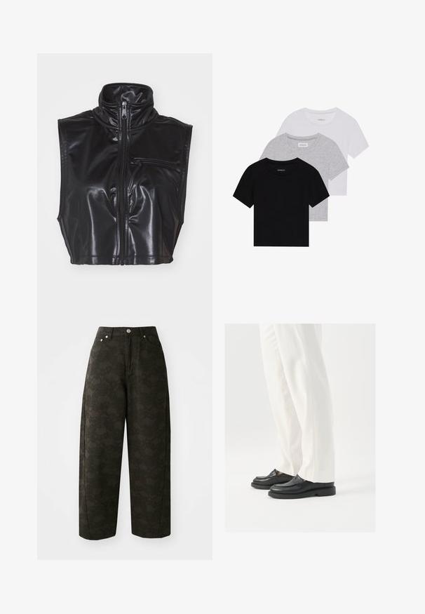Čierny faux kožený bezrukávový medziokruhový kabát s vysokým golierom, predným zipsom a malou vreckom na zips na hrudi. Hladká, lesklá štruktúra.; Sada troch tričiek s krátkym rukávom v čiernej, šedej a bielej farbe. Vyrobené z bavlny, s okrúhlym výstrihom a jednoduchým, jednofarebným dizajnom.; Tmavozelené široké nohavice s textúrovaným kvetinovým vzorom, päť vreciek a kovovými gombíkmi na zapínanie v páse.; Čierne kožené mokasíny s hladkou textúrou, šitím a zaoblenou špičkou, spárované s bielymi elegantnými nohavicami.