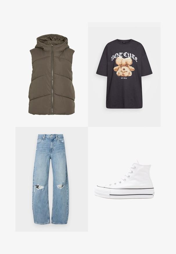 Tumman oliivinvihreä toppaliivi hupulla. Siinä on vaakasuorat tikatut paneelit ja vetoketjullinen etuosan suljenta. Pehmeä, sileä pinta.; Mustat ylisuurent-paidat, joissa on karhun grafiikka ja teksti "EI SULOINEN VAAN VILLI" rohkealla valkoisella fontilla. Puuvillamateriaali.; Vaaleansiniset, korkeavyötäröiset farkut, jotka on valmistettu denimmateriaalista. Ominaisuuksiin kuuluvat leveät lahkeet, kaksi revittyä polvialuetta ja klassinen viiden taskun tyyli.; Valkoiset korkeavartiset kangaskengät mustalla kumipohjalla, edessä kuminen varvasosa ja kuusi nauha-aukkoa, puhtaan minimalistisella muotoilulla.