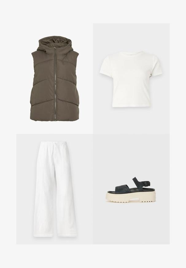 Okrugli prsluk u tamno maslinasto zelenoj boji s kapuljačom. Ima vodoravne prešivene panele i prednji zatvarač na patentni zatvarač. Mekana, glatka tekstura.; Kratka bijela majica izrađena od pamuka s kratkim rukavima, okruglim izrezom i ravnim rubom, koja se odlikuje glatkom teksturom i minimalnim dizajnom.; Bijele lanene hlače širokog kroja s elastičnim pojasom i šnuricom, imaju bočne šavove i glatku teksturu. Bez džepova.; Crne ante sandale na platformu s debelim bijelim potplatom, širokim prednjim remenom i podesivom kopčom za gležanj. Teksturirani potplat za bolju prionjivost.