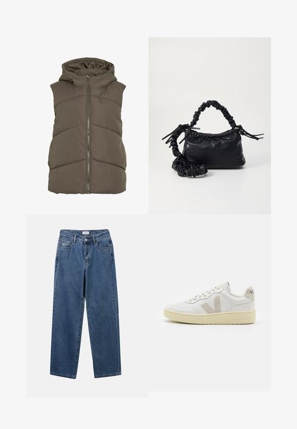 Colete acolchoado em verde-oliva escuro com capuz. Apresenta painéis acolchoados horizontais e fecho de correr frontal. Textura suave e macia.; Top crop em material de malha off-white. Mangas longas com textura canelada e pequenos recortes à volta do decote.; Jeans de denim azul clássicos com um design de perna reta, cinco bolsos e fecho de botão. Apresenta um tratamento médio e uma textura resistente.; Sapatilha de couro branca com detalhes em camurça bege, biqueira perfurada, atacadores planos e sola texturizada creme. Apresenta uma marcação subtil no calcanhar.; Bolsa de mão em couro sintético preto com textura de crocodilo, topo franzido e alça enrugada. Apresenta um design suave e compacto.