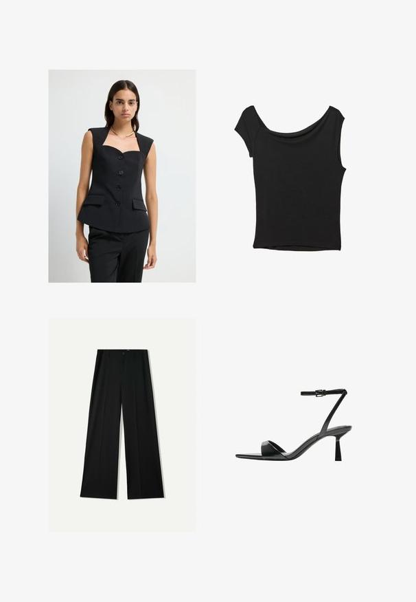 Sort skræddersyet vest med firkantet halsudskæring, korte ærmer, fem-knaps lukning foran og to sidelommer, lavet af et struktureret stof.; Sort kortærmet top lavet af glat stof; har en draperet halsudskæring og en asymmetrisk kant, med en tætsiddende pasform.; Bershka WIDE - Bukser - black; Bershka Højhælede sandaletter / Højhælede sandaler - black