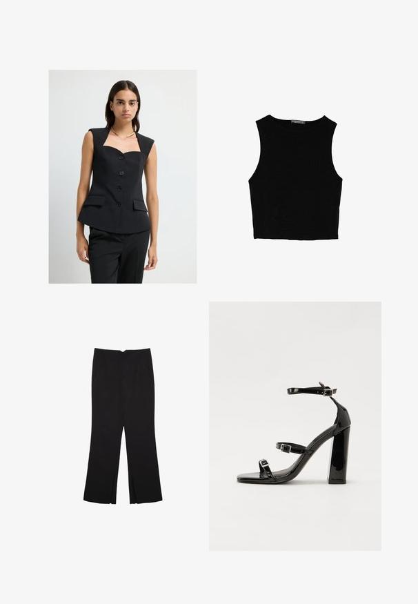 Černá přizpůsobená vesta se čtvercovým výstřihem, krátkými rukávy, předním zavíráním na pět knoflíků a dvěma bočními kapsami, vyrobená z pevné tkaniny.; Černý bezsleeve crop top vyrobený z hladké tkaniny, s kulatým výstřihem a čistým, jednoduchým designem bez vzorů nebo kovových doplňků.; Černé kalhoty s rovným střihem, s předními kapsami a bočními rozparky na lemu. Vyrobené z jemné, hladké tkaniny. Vhodné na různé příležitosti.; Černé lakované sandály na podpatku se čtveratou špičkou, lýtkovými pásky a stříbrnými přezkami. Disponují masivním blokovým podpatkem pro stabilitu.