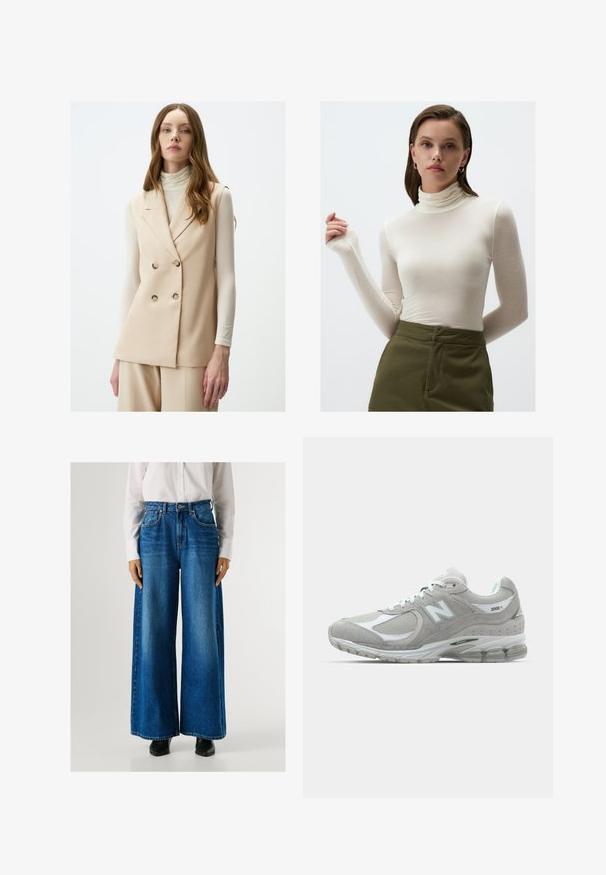 Gilet beige senza maniche con un design doppiopetto, caratterizzato da due bottoni tondi, texture liscia e rever decisi.; Maglietta a maniche lunghe color crema con colletto a dolcevita realizzata in tessuto leggero; design aderente con un leggero lucido e maniche lunghe; abbinata a pantaloni verde oliva.; Jeans a gamba larga blu con vita alta, realizzati in denim, dotati di tasche anteriori e chiusura con bottone. Texture liscia con un lavaggio classico.; Sneaker New Balance 2002R grigio chiaro presenta una tomaia in suede e mesh, dettagli bianchi, suola ammortizzata e tecnologia di ammortizzazione visibile.