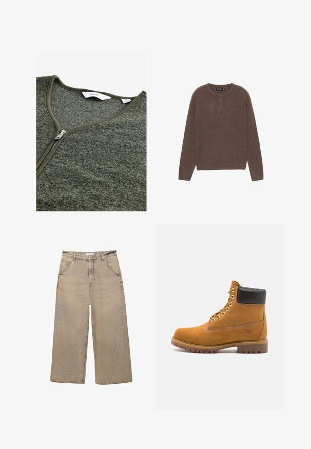 Groene rits-OP sweaters met een V-hals, gemaakt van textuurstof. Heeft een metalen rits en een simpele label binnenin.; Bruine geribbelde gebreide top met lange mouwen, ronde hals en een drieknoopsluiting. Heeft een rechte snit en een zachte textuur.; PULL&BEAR MEGA BAGGY - Baggy jeans - light grey; Tan suède enkelboot met zwart gevoerd kraagje, gouden metalen oogjes, witte stikdetails en een robuuste rubberen zool met uitgesproken profiel.