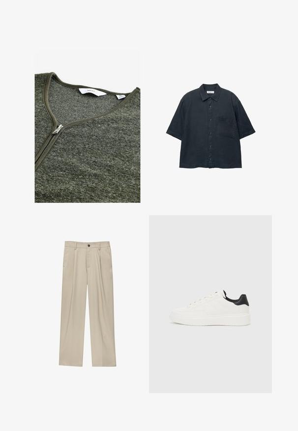 Grüner Reißverschluss-Pullover mit V-Ausschnitt, aus strukturiertem Material gefertigt. Verfügt über einen Metallreißverschluss und ein einfaches Etikett innen.; Dunkelblauses Kurzarm-Hemd mit Knopfleiste, aus leichtem Stoff gefertigt, mit einer Brusttasche und einem klassischen Kragen-Design.; Beige Hosen mit geradem Schnitt, ausgestattet mit einem einzelnen schwarzen Knopf, Gürtelschlaufen und Seitentaschen. Glatte Stofftextur und minimalistisches Design.; Weißes Leder-Sneaker mit geprägtem Muster, strukturierter weißer Zwischensohle und schwarzen Akzenten an der Ferse. Verfügt über eine abgerundete Zehenpartie und flache Schnürsenkel.