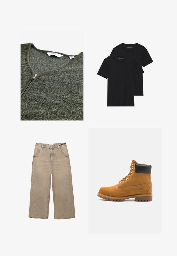 Zeleni zip-up zeleni pulover s V-izrezom, izrađen od teksturiranog materijala. Sadrži metalni patentni zatvarač i jednostavnu oznaku unutar.; Dvoje crnih pamučnih majica s kratkim rukavima, okruglim izrezom i glatkom teksturom, prikazanih n stacked. ; PULL&BEAR MEGA BAGGY - Vrećaste traperice - light grey; Antracitne antilop čizme do gležnjeva s crnim podstavljenim ovratnikom, zlatnim metalnim rupicama, bijelim šavovima i robusnom gumenom potplatom s izraženim šarama.