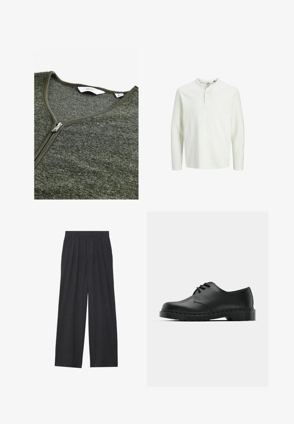 Zeleno zip-up pulover s V-izrezom, narejen iz teksturiranega materiala. Ima kovinski zadrgo in preprogo oznako znotraj.; Bela dolga majica henley s tremi gumbi in okroglim izrezom, prikazana na enobarvni beli podlagi.; Široke hlače iz temno sive tkanine. Imajo nabore na pasu, prilagojen dizajn in ravno silhueto.; Črne usnjene oksford čevlje z vezalkami, zaobljenim prstom, ravnim gumijastim podplatom in diskretnim šivanjem po zgornjem delu.