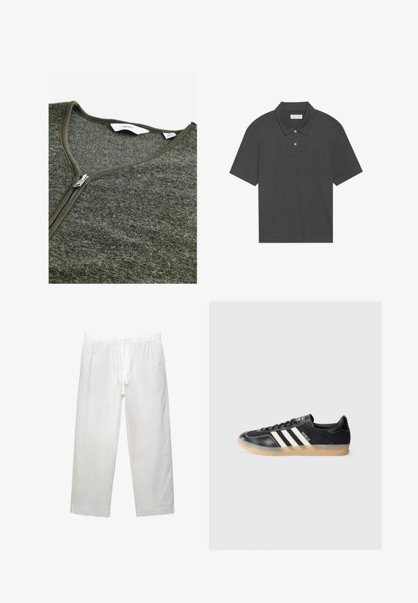 Maglione verde con zip e scollatura a V, realizzato in materiale testurizzato. Presenta una zip in metallo e un'etichetta semplice all'interno.; Polo grigio scuro con colletto tradizionale, patta con tre bottoni, maniche corte e taschino a sinistra sul petto. Tessuto morbido.; Pantaloni bianchi in lino con cintura elastica e cordoncino, design a gamba ampia e cuciture pulite. Texture liscia con vestibilità casual.; Sneaker sportivo nero con strisce bianche, tessuto texturizzato, punta in pelle liscia e suola in gomma naturale. Presenta il logo sulla linguetta.