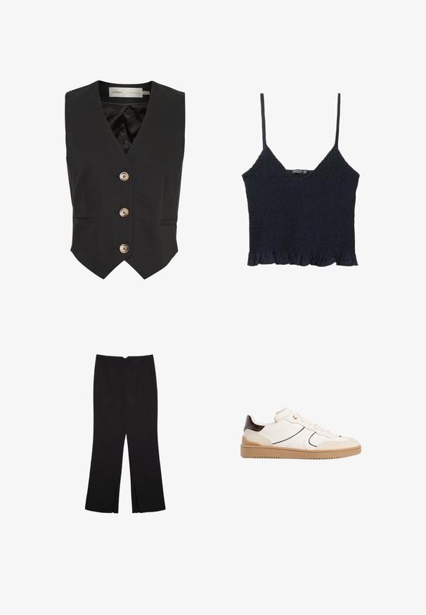 Svart ärmlös väst med V-hals, tre gyllene knappar och framfickor. Tillverkad av ett mjukt tyg med en satinliknande foder.; Marinblå, smockad crop top med tunna justerbara band och en volangkant. Tillverkad av lättviktigt tyg med en strukturerad yta.; Svarta byxor med rak passform, utrustade med framfickor och sidoklyvningar vid fållen. Tillverkade av mjukt, slätt tyg. Lämpliga för olika tillfällen.; Stradivarius Sneakers - white