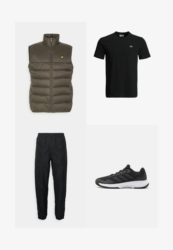 Pildīta veste olīvu zaļā krāsā ar augstu apkakli, priekšējo rāvējslēdzēju un izšūtām logo uz krūtīm. Gluda, viegla tekstūra.; Melna kokvilnas T-krekls ar apaļu kakla izgriezumu, īsām piedurknēm un mazu zaļu krokodila logotipu kreisajā krūtī. Gluda tekstūra, ikdienišķs dizains.; Melnas sporta bikses, kas izgatavotas no viegla materiāla, ar elastīgu jostu un aprocēm, piedāvājot gludu tekstūru un minimālu zīmola atzīmi.; Melna sporta apavi ar teksturētu virsu, trim horizontālām svītrām un baltu zoli ar rakstainu protektoru. Viegls un plūstošs dizains.