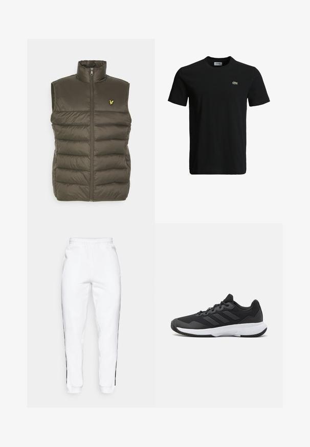 Fodrad väst i olivgrönt med hög krage, framdragkedja och broderad logotyp på bröstet. Slät, lätt textur.; Svart bomull t-shirt med rundad halsringning, korta ärmar och en liten grön krokodil-logotyp på vänster bröst. Slät textur, avslappnad design.; Vita gymbyxor med elastisk midja, med svarta sidostippar och muddar. Tillverkade av mjukt material med en slät yta.; Svart idrottssko med en texturerad ovandel, tre horisontella ränder och en vit sula med ett mönstrat grepp. Lätt och strömlinjeformad design.