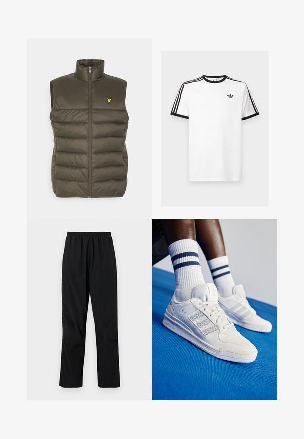 Vaatteet tässä vihreässä oliivinvärisessä toppaliivissä ovat pehmustettua materiaalia. Siinä on korkea kaulus, vetoketju edessä ja brodeerattu logo rinnassa. Pinnassa on sileä ja kevyt rakenne.; Valkoinen puuvillapaita, jossa on mustat ribbiääriviivat kauluksessa ja hihoissa, ja kummassakin olkapäässä kolme mustaa raitaa sekä pieni logo rinnassa.; Mustat nailonihousut, joissa on joustava vyötärö, kevyt teksturoitu pinta ja saumaakoristelu modernia muotoilua varten.; Valkoiset nahkasneakerit, joissa on rei'itetyt korostukset, kolme metallista raitaa ja teksturoitu sivupaneeli. Yhdistetty valkoisiin sukkiin, joissa on sinisiä raitoja.