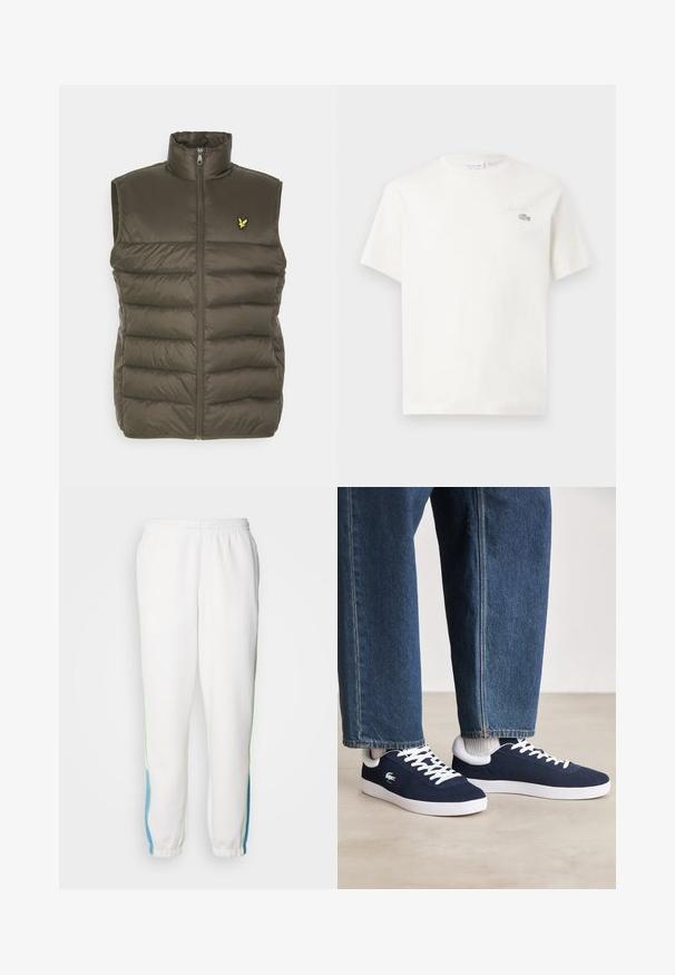Pohodlná vesta v olivovo zelenej farbe s vysokým golierom, predným zipsom a vyšitým logom na hrudi. Hladká, ľahká textúra.; Biela bavlnená tričkovo s krátkymi rukávmi, s jemne vyšitým logom a minimalistickým dizajnom. Mäkká textúra, okrúhly výstrih.; Biele teplákové nohavice s elastickým pásom, so zelenými a modrými bočnými pruhmi. Mäkká tkanina s úzkym strihom na členkoch.; Modré plátené tenisky s bielymi šnúrkami a gumovými podrážkami, vystavené spolu s džínsovými nohavicami a šedými rebrovanými ponožkami na svetlosivom povrchu.