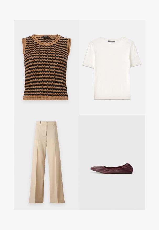 Ermeløs strikket topp med bølgemønster i brun og svart, med ribbestrikket kant ved halsåpningen og kanten. Lett, strukturert stoff.; Hvit kortermet strikket topp med rund hals, med en glatt tekstur og subtile ribbede detaljer på ermer og kant.; Beige vide bukser laget av glat stoff, med flat front og folder, glidelås og beltehemper. Skreddersydd passform generelt.; Balletsko i dyp burgunder lær, med avrundet tå, elastisk kant og glatt tekstur med subtile folder.