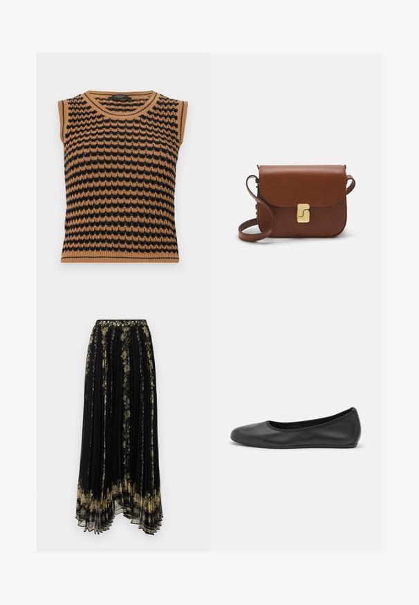 Top fără mâneci din tricot, cu un model în valuri, în nuanțe de maro și negru, având margini riblate la gât și la tiv. Material ușor și texturat.; Tricou alb cu mânecă scurtă, confectionat dintr-un material texturat. Gât rotund, tăietură regulară și detalii subtile de cusătură. Fără modele sau grafice.; Fustă plissată neagră cu broderie florală în tonuri de aur și verde, având un talie decorativă și un tiv fluid, asimetric.; Balerini din piele neagră, cu vârf rotund, textură netedă, detalii de cusătură minimale și un design al tălpii flexibil.; Geantă de piele maro cu închidere tip capac, accesorii de culoare aurie, curea de umăr și o textură netedă. Formă compactă și rectangulară.