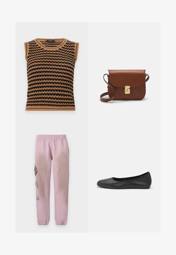 Bez piedurknēm adīta blūze ar viļņu rakstu brūnā un melnā krāsā, ar ribotām apmalēm ap kaklu un apakšmalu. Viegls, teksturēts audums.; Balta īsām piedurknēm T-krekls, izgatavots no ribota auduma. Apaļš izgriezums, regulāra piegriezuma un diskrēti šuvumu detaļas. Bez printiem vai grafikām.; Rozā sporta bikses ar elastīgu jostu, kurām labajā pusē ir dekoratīvi uzliktni dimanta formā un elastīgas apkakles pie potītēm.; Melna ādas baleta kurpe ar noapaļotu purngalu, gludu tekstūru, minimālu šuvju detalizāciju un elastīgu zoles dizainu.; Bordo ādas rokas soma ar atloku, zeltītām detaļām, plecu siksnu un gludu virsmu. Kompakta, taisnstūrveida forma.