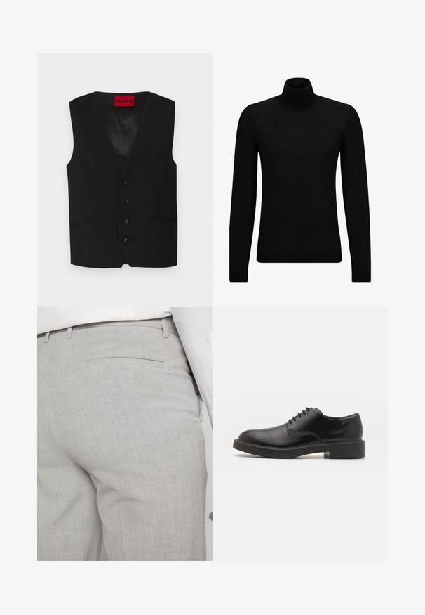 Melns žakets ar V veida kaklu, piecām pogām un divām priekšējām kabatām. Izgatavots no gludas auduma ar elegantu, pielāgotu izskatu.; Melnā augstā kakla džemperis, kas izgatavots no mīksta materiāla, ar garām piedurknēm un pieguļušu piegriezumu. Ribota apdare ap apakšu un piedurknēm. Vienkāršs dizains.; Gaiši pelēkas pielāgotas bikses no teksturēta auduma, ar vienu aizmugurējo kabatu un tīru šuvju apdari.; Melna āda sašūta kurpe ar noapaļotu purngalu, gludu tekstūru, minimālu šuvju skaitu un zemu gumijas papēdi. Logo uz papēža.