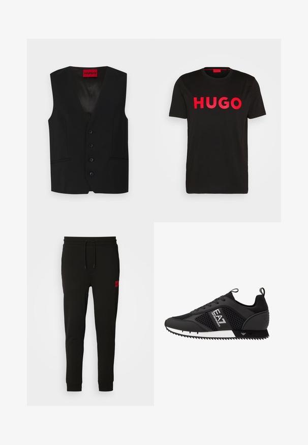 Schwarze Weste mit V-Ausschnitt, fünf Knöpfen und zwei aufgesetzten Taschen. Hergestellt aus glattem Stoff mit einem eleganten, maßgeschneiderten Erscheinungsbild.; Schwarzes Baumwoll-T-Shirt mit fettem roten "HUGO"-Schriftzug auf der Vorderseite, kurzen Ärmeln, rundem Ausschnitt und lässiger Passform.; Schwarze Sweatpants aus weichem Stoff, mit einem Kordelzugbund, schmaler Passform und einem rotenLOGO-Patch am linken Oberschenkel.; EA7 Emporio Armani LACES UNISEX - Sneaker low - black/white