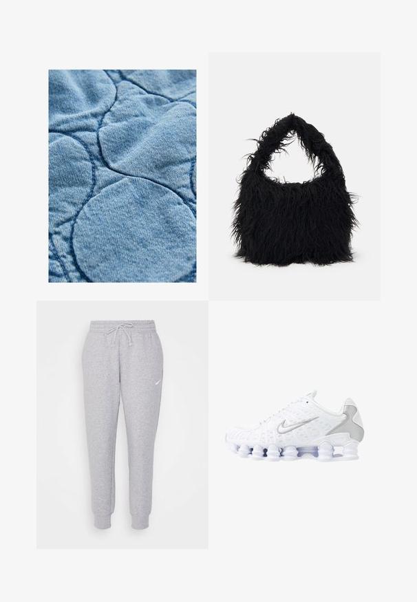 Tejido de denim con un diseño acolchado y patrones circulares; color azul claro, textura suave y costuras visibles.; Sudadera recortada gris hecha de tejido suave. Cuenta con una capucha ajustable con cordón, mangas anchas y un pequeño logo en la parte delantera.; Pantalones de chándal de color gris claro con cintura ajustable, piernas ajustadas y un pequeño logo blanco en el muslo izquierdo. Hechos de una tela suave y texturizada.; Zapatillas deportivas blancas con parte superior de malla, acentos plateados y un diseño de suela de bobina único. Cuenta con un collar acolchado y cierre de cordones para un buen ajuste.; Even&Odd Bolso shopping - black; Pendientes de aro de plata con una superficie lisa y pulida y una forma circular delgada. El diseño cuenta con un cierre seguro.