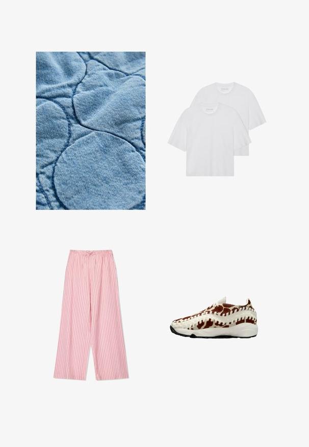 Denimstoff mit einem gesteppten Design und kreisförmigen Mustern; hellblaue Farbe, weiche Textur und sichtbare Nähte.; Weiße Baumwoll-T-Shirts, Rundhalsausschnitt, kurze Ärmel, etwas lockere Passform, glatte Textur, Doppelpackung, minimalistisches Design.; Rosa gestreifte weit geschnittene Hosen mit einem elastischen Bund und Kordelzug. Der Stoff wirkt leicht und hat vertikale Streifen in dunklerem Rosa.; Slip-On Sneaker mit einem Obermaterial aus Kuhleder, das mit einem braun-weißen Muster versehen ist. Weiße gewebte Akzente, leichte Sohle und strukturierte schwarze Laufsohle.