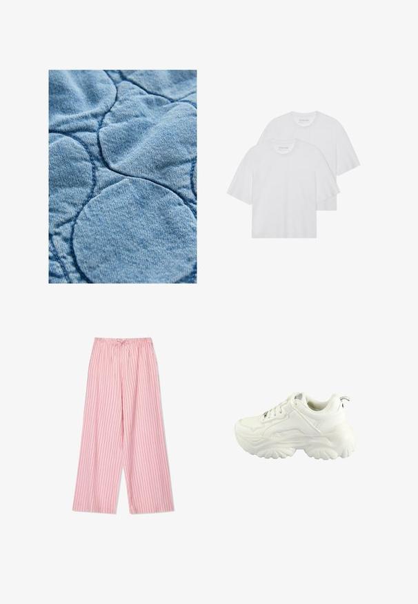Denimstoff mit einem gesteppten Design und kreisförmigen Mustern; hellblaue Farbe, weiche Textur und sichtbare Nähte.; Weiße Baumwoll-T-Shirts, Rundhalsausschnitt, kurze Ärmel, etwas lockere Passform, glatte Textur, Doppelpackung, minimalistisches Design.; Rosa gestreifte weit geschnittene Hosen mit einem elastischen Bund und Kordelzug. Der Stoff wirkt leicht und hat vertikale Streifen in dunklerem Rosa.; Weißer Sneaker mit einem klobigen Design, glattem Synthetik-Obermaterial, gepolstertem Kragen und einer strukturierten Gummisohle mit Diamantmuster.