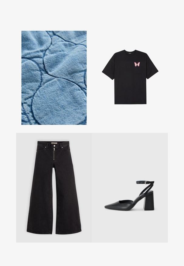 Tejido de denim con un diseño acolchado y patrones circulares; color azul claro, textura suave y costuras visibles.; Camiseta de algodón negra de manga corta, con un pequeño gráfico de mariposa rosa en el lado izquierdo del pecho. Diseño de cuello redondo con un corte relajado.; Jeans de pierna ancha en denim negro con cierre frontal, diseño de cinco bolsillos y detalles de costura sutiles. Textura suave y estilo casual.; Zapato de tacón puntiagudo de cuero negro con tira en el tobillo y tacón ancho. Textura plana, diseño elegante y estética minimalista.