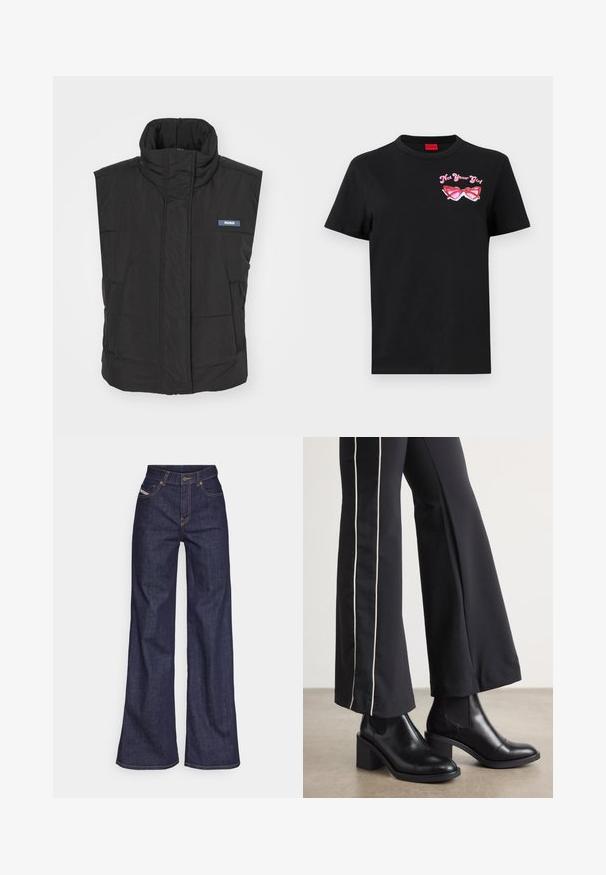 Melnas bez piedurknēm pufīga veste ar augstu apkakli, ar priekšējo rāvējslēdzēju, divām sānu kabatām un zilu "HUGO" logotipu uz kreisās krūtis.; Melnas kokvilnas t-krekls ar īsām piedurknēm, kurā ir rozā grafika ar saulesbrillēm un uzrakstu "Ne tava meitene" kreisajā krūtīs.; Tumši zili platleņķa džinsi no denima auduma ar augstu jostasvietu, ar oranžām šuvēm, piecu kabatu dizainu un pogu aizdari.; Melnas ādas potīšu zābaki ar blokveida papēdi, aprīkoti ar elastīgām sānu paneļiem. Kombinēti ar melniem biksēm, kuru sānos ir baltas svītras.