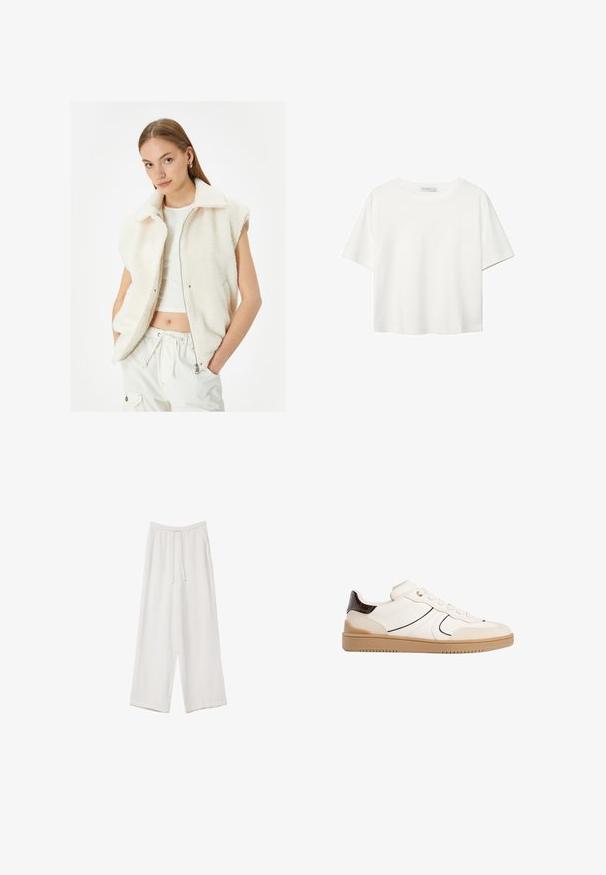 Gilet in pile di colore bianco sporco con zip frontale, colletto e design senza maniche. Tessuto morbido, dotato di due tasche laterali.; T-shirt bianco a maniche corte realizzato in cotone. Presenta un collo tondo e una vestibilità rilassata. Texture liscia senza motivi o dettagli visibili.; Pantaloni a gamba larga bianchi realizzati in un tessuto leggero. Presentano una vita elastica con cordoncino e tasche laterali. Texture liscia.; Stradivarius Sneakers basse - white